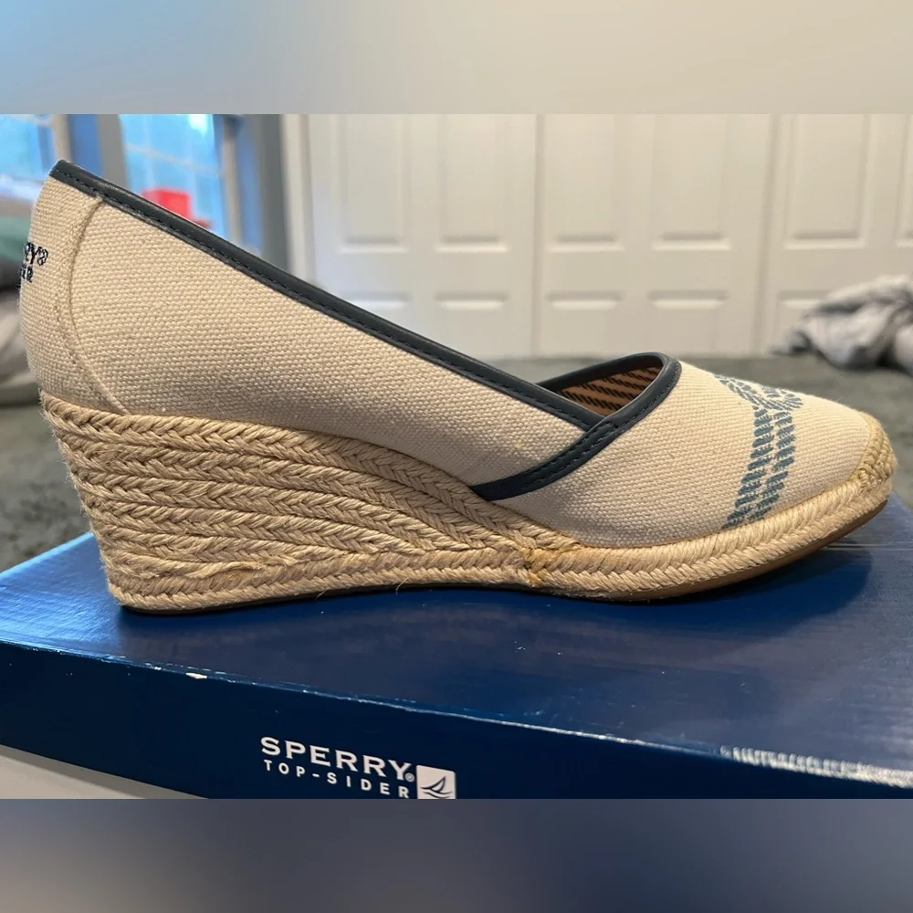 Sperry Cream Canvas Wedge Espadrilles with Navy Rope Detail